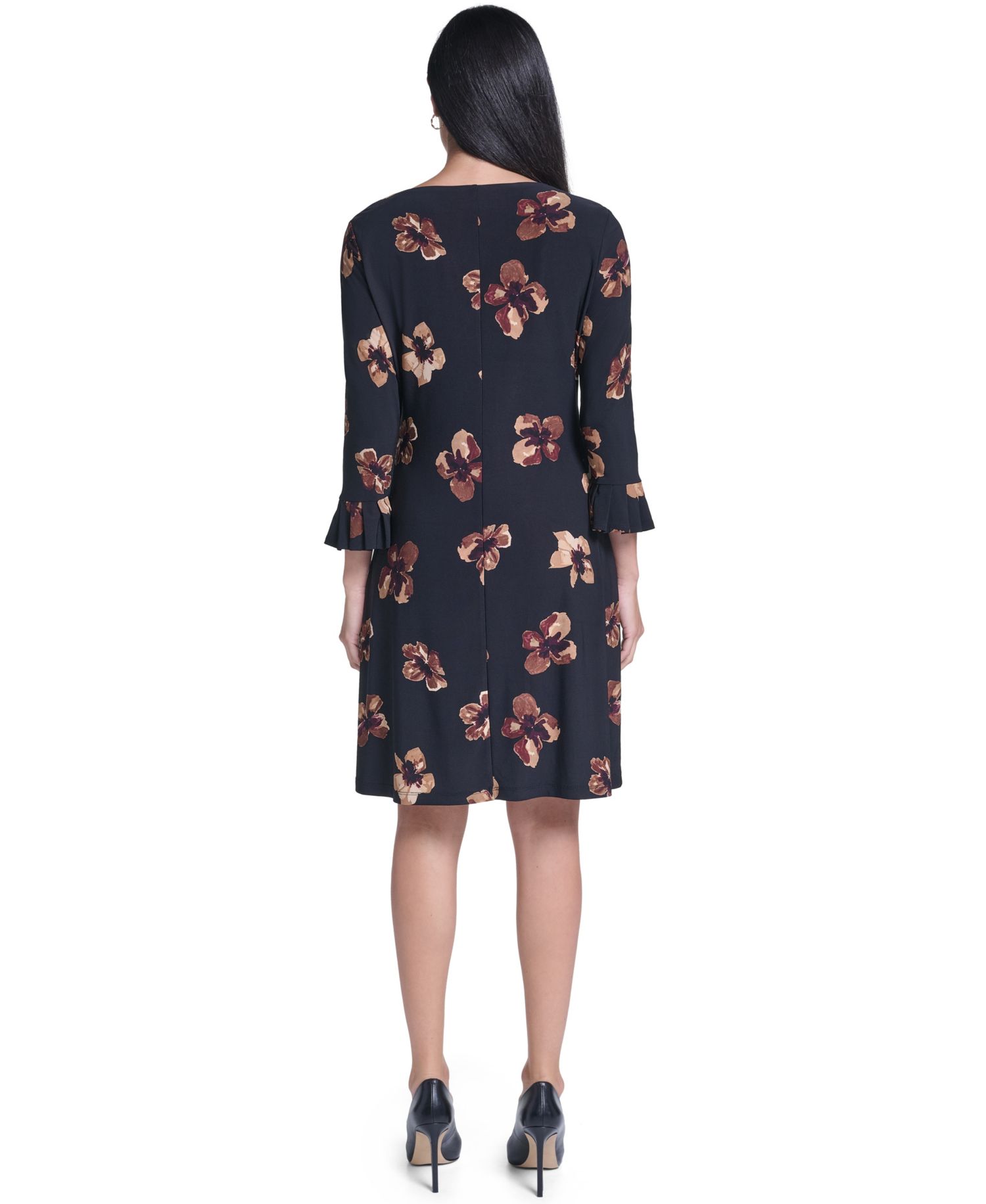 Women's Floral-Print Pleated 3/4 Sleeve Shift Dress