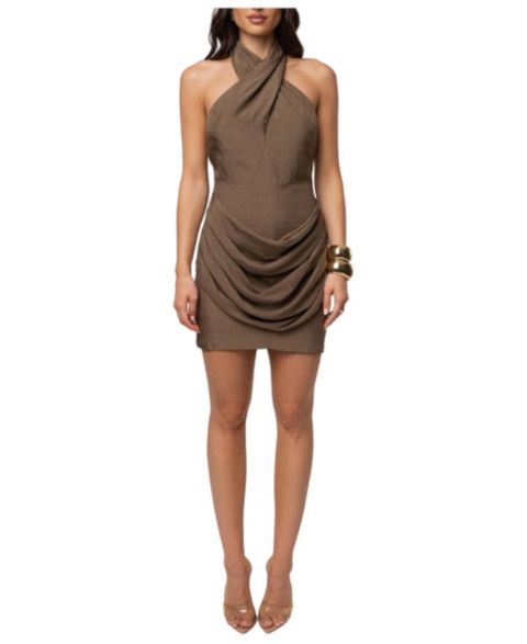 Женское платье JLUXLABEL Sailing Into Night Halter Satin Mini, цвет: Коричневый