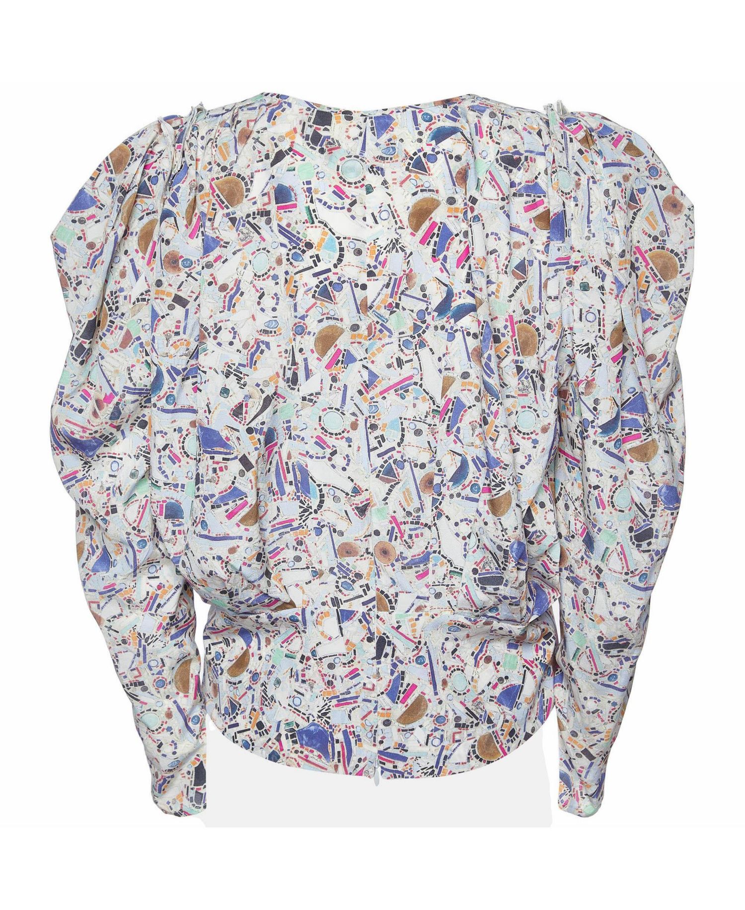 Isabel Marant Women's Amba Mosaic-Print Puffed-Long-Sleeve V-Neck Silk-Blend Blouse