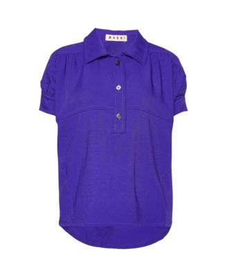 Women's Crepe Puff-Sleeve Spread Collar Polo Blouse