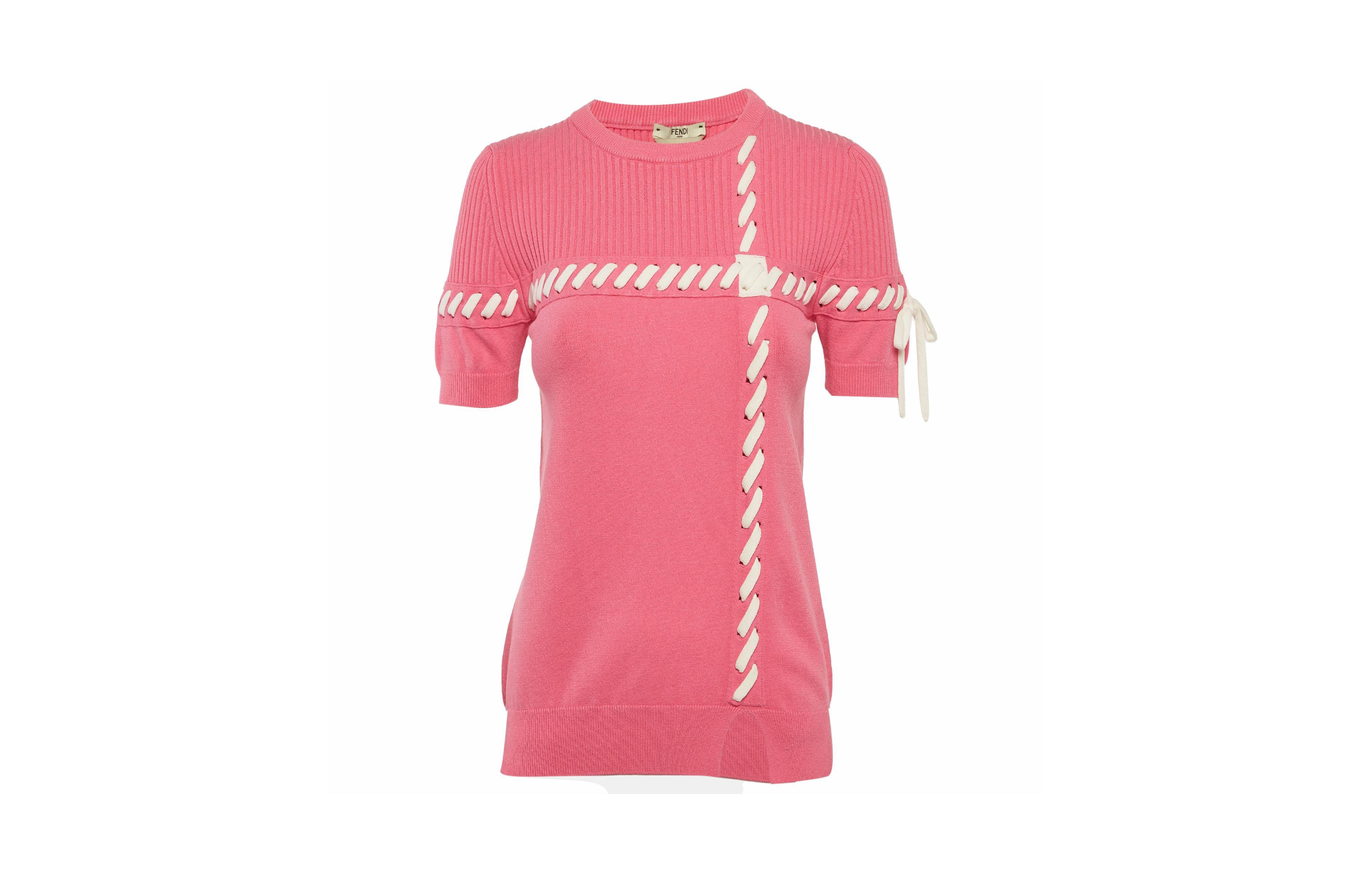 Fendi Women's Ribbed Knit Lace-Up Short-Sleeve Crewneck Top