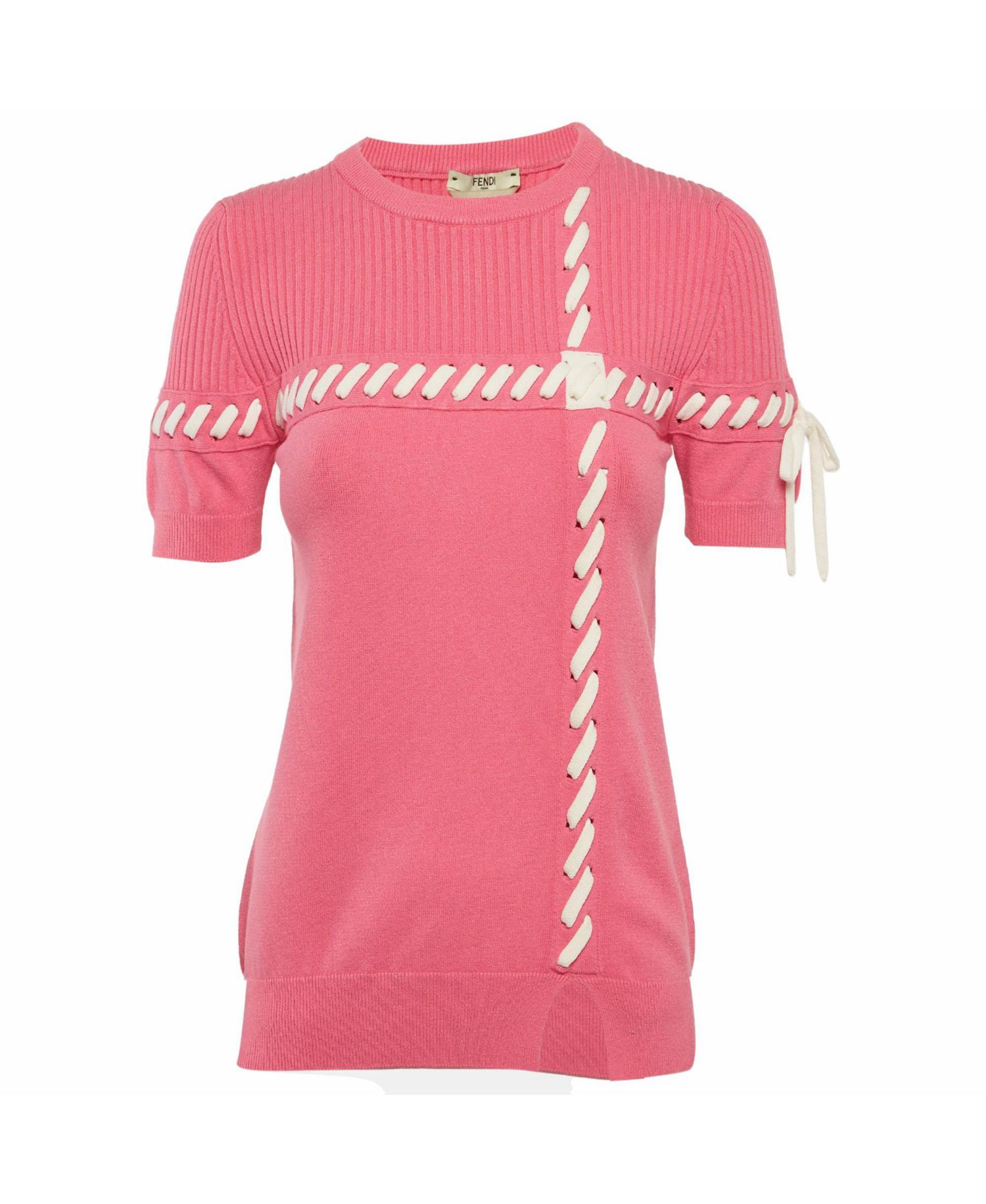 Fendi Women's Ribbed Knit Lace-Up Short-Sleeve Crewneck Top