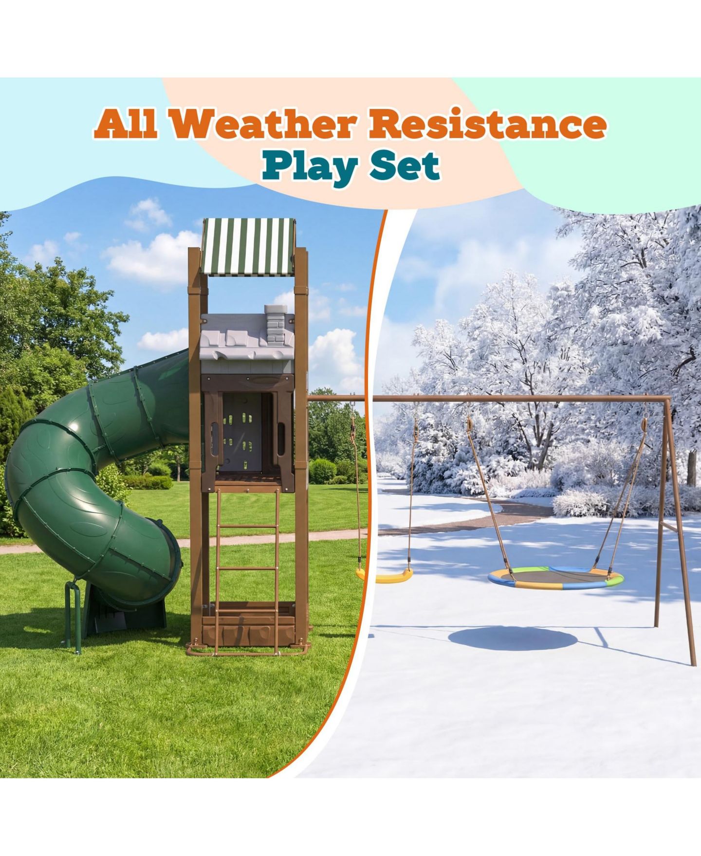 Детские игрушки homfan Swing Set for Backyard, Kids Outdoor Playhouse Equipment with Turbo Tube Slide and Basketball Hoop, цвет: Зелёный — фото 7