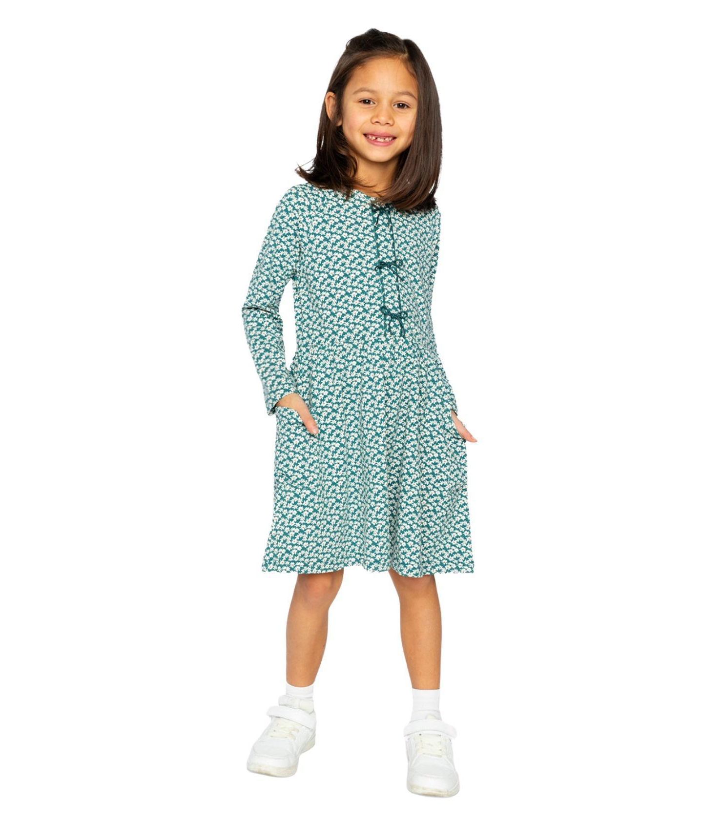 Платье Deux par Deux Cotton Dress with Pockets Floral Print для девочек, цвет: Зелёный с принтом — фото 3
