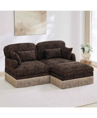 Deep Seat Loveseat Sofa with Movable Ottoman, Leopard Print Chenille, Tassel Skirt Trim, Easy Assembly