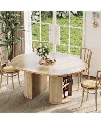 Extendable Round Dining Table – Modern Farmhouse Fluted Pedestal with 2-Tier Storage Shelf and Drawer, 47.5–63" Expandable