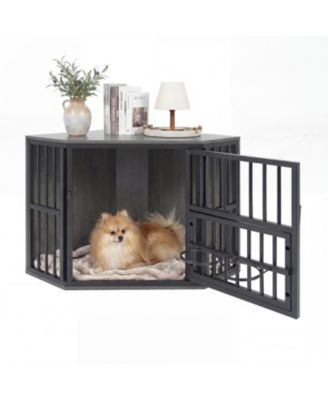 35.5 Inch Wooden Dog Kennel End Table with 3 Position Bowl Rack