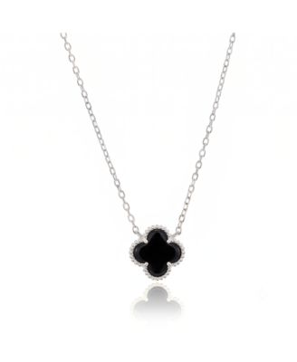 Sterling Silver, Onyx Clover, Beaded Outline Necklace