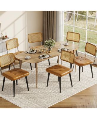 Set of 6 Rattan Accent Side Dining Chairs, Padded Faux Leather Seat with Sturdy Metal Frame, Armless Dining Chairs for Dining Room