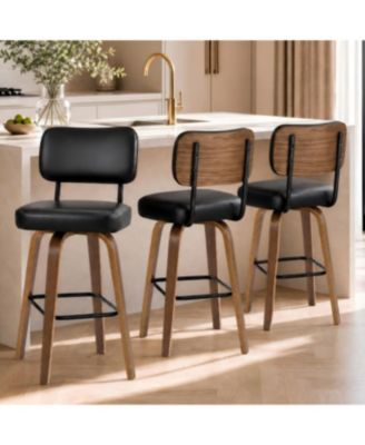 Set of 3 Counter Height Bar Stools, 26" Swivel Bar Stools with Back and Bentwood Legs, Faux Leather Upholstered Counter Stools