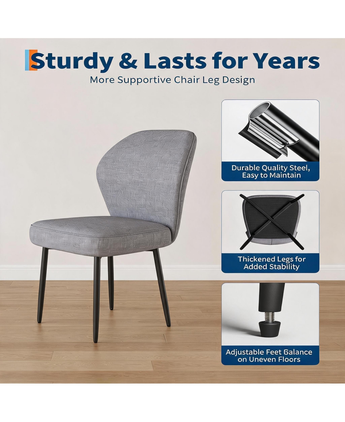 homfan Linen Dining Chairs Set of 4, Modern Fabric Upholstered Kitchen Side Chairs with Metal Pegs, For Kitchen, Dining Room, Living Room