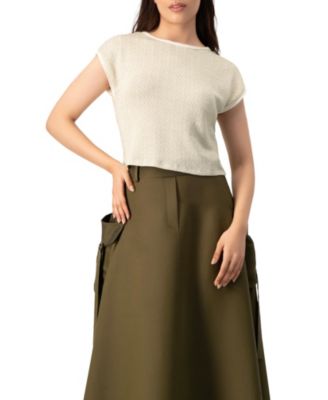 Women's Textured Cap Sleeve Boat Neck Knit Cropped Top