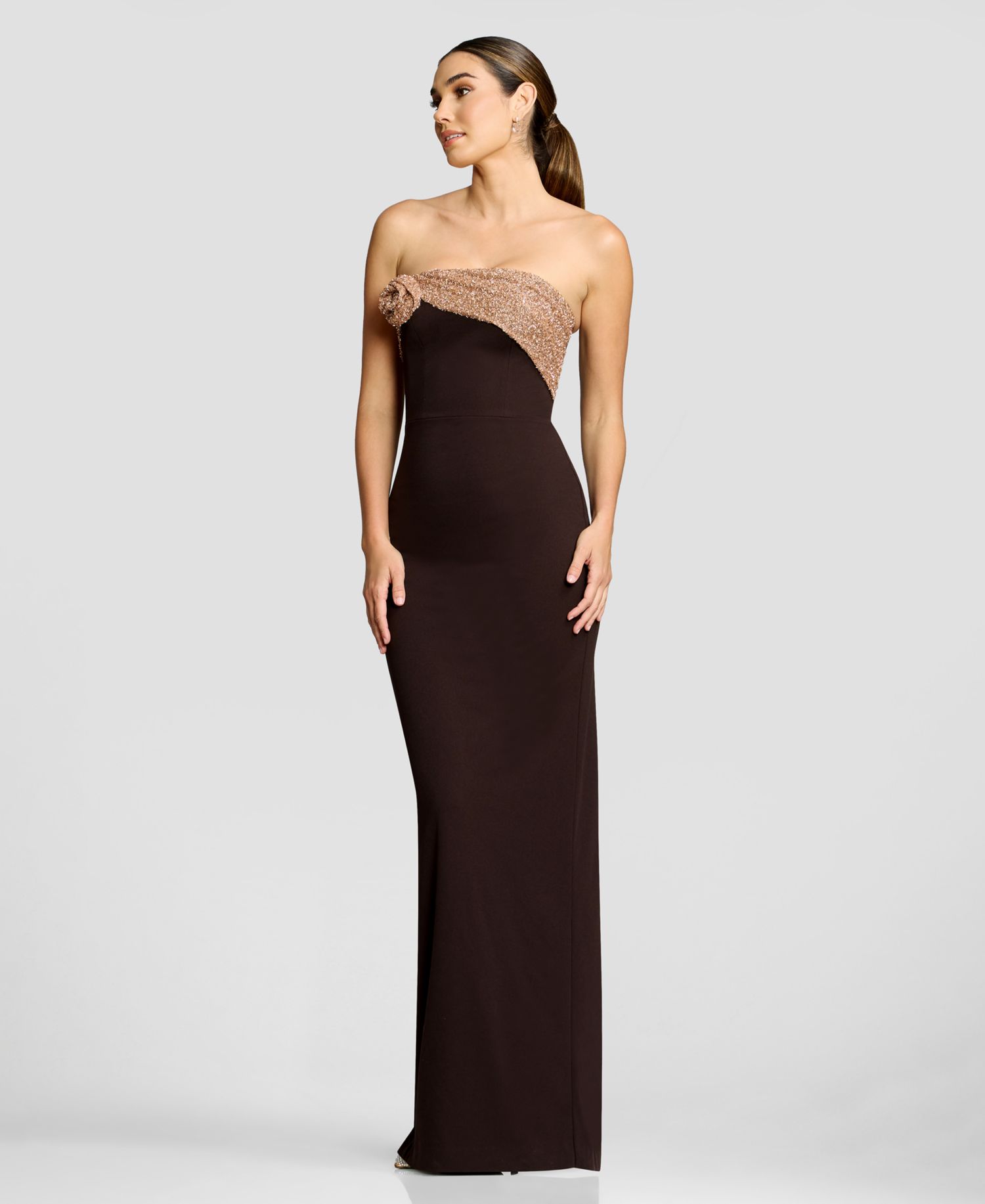 Women's Strapless Rosette-Knot-Draped-Overlay Dress