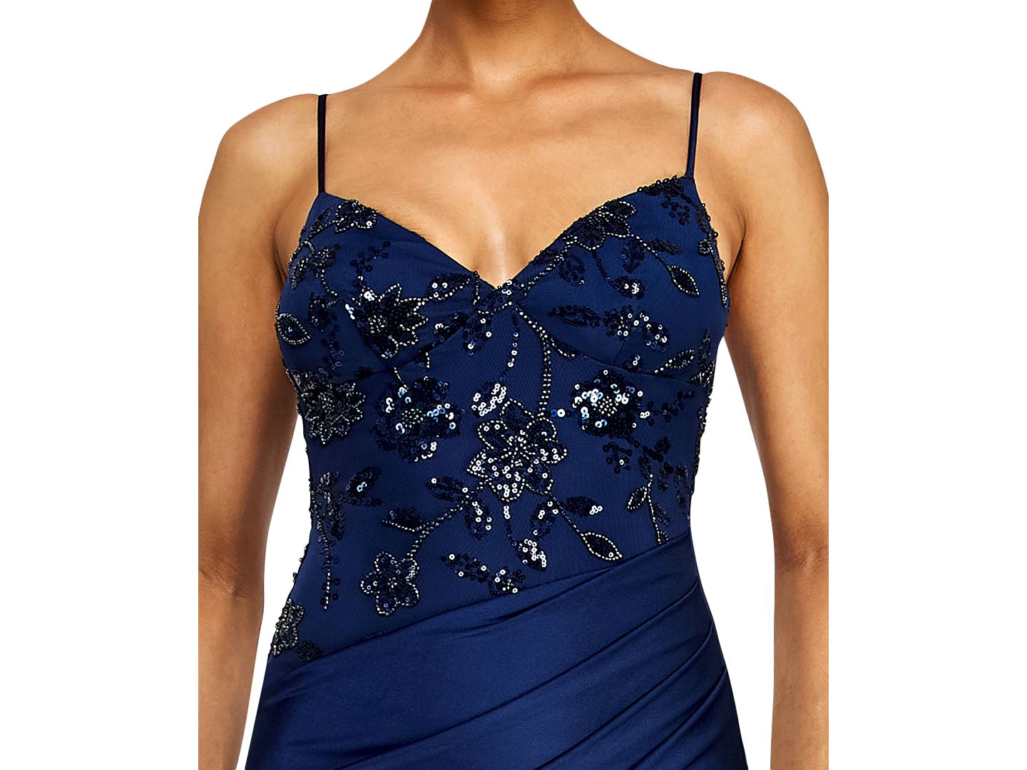Женские платья Alex & Sophia Juniors' V-Neck Beaded Sequin Asymmetrical Waist Gown, цвет: Тёмно-синий — фото 4