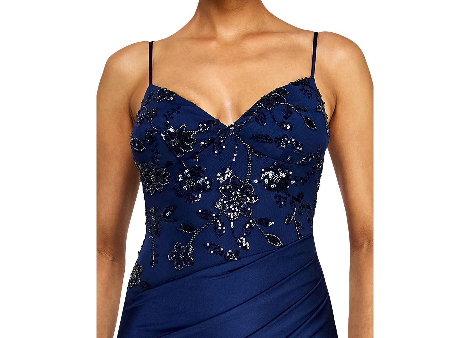 Juniors' V-Neck Beaded Sequin Asymmetrical Waist Gown