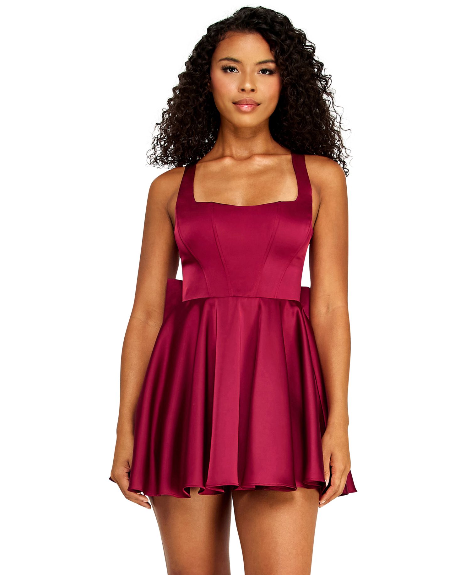 Juniors' Square-Neck Corset-Bodice Back-Bow Mini Dress