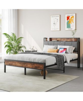 Full Size Bed Frame with Storage Headboard, USB Charging Station, Upholstered Design, Metal Slats, No Box Spring Needed