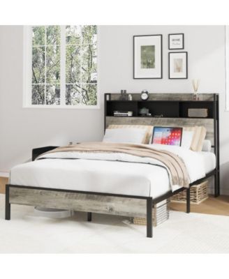 Full Size Wooden Platform Bed Frame with Storage Headboard, USB Charging, Wood Slats, No Box Spring Needed, Under-Bed Storage