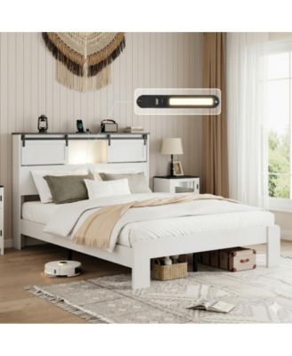 Queen Size Metal Bed Frame with Storage Headboard, USB Charging, Heavy Duty Metal Slats, No Box Spring Needed