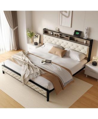 King Size Platform Bed Frame with Charging Station, Upholstered Storage Headboard and Footboard, Metal Slats, No Box Spring Needed