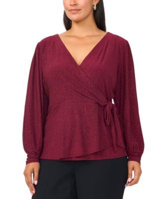 Plus Size Faraj Faux-Wrap Metallic Long-Sleeve Top