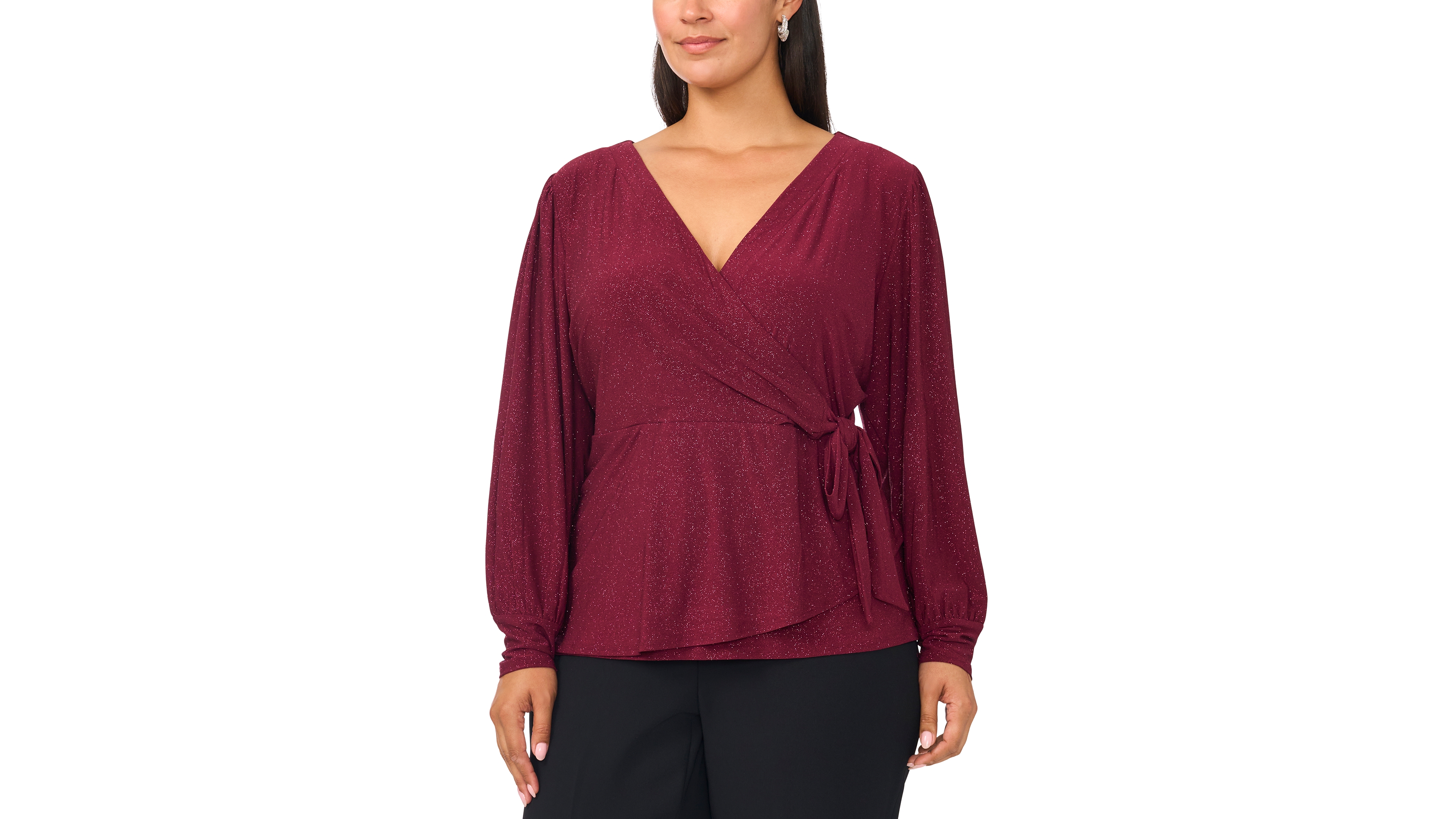 Msk Plus Faux-Wrap V-Neck Long-Sleeve Top