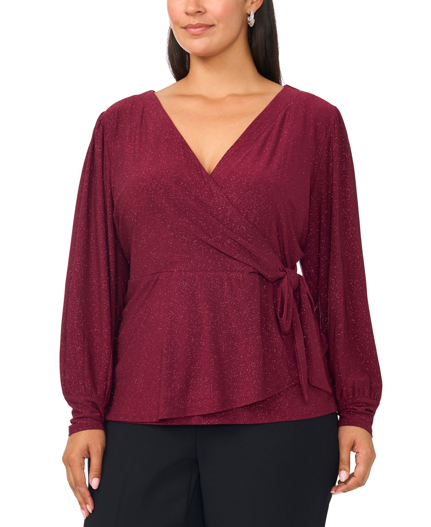 Plus Size Faraj Faux-Wrap Metallic Long-Sleeve Top