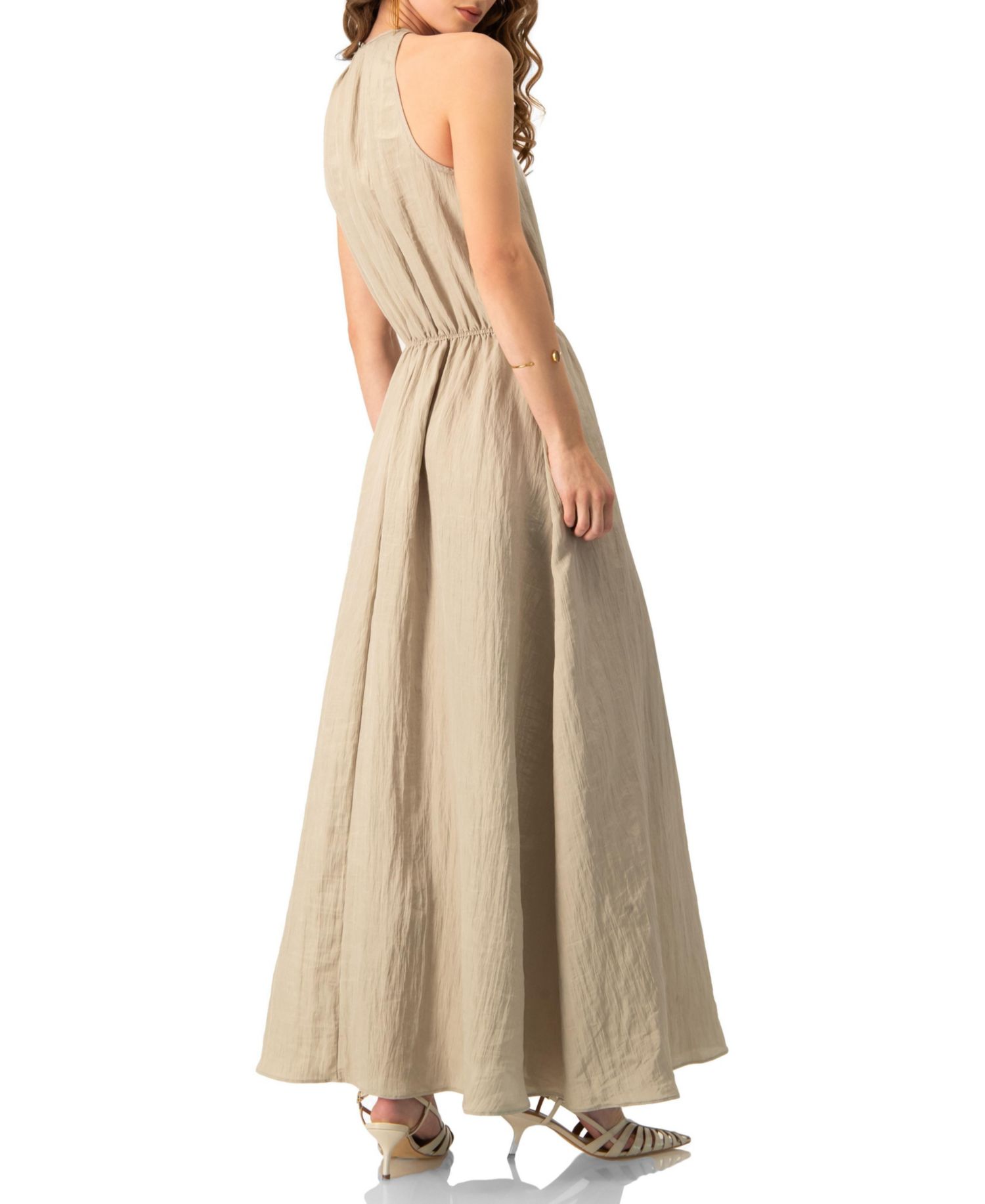 Sleeveless Crinkle Halter Maxi Dress with Cinched Waist A-Line