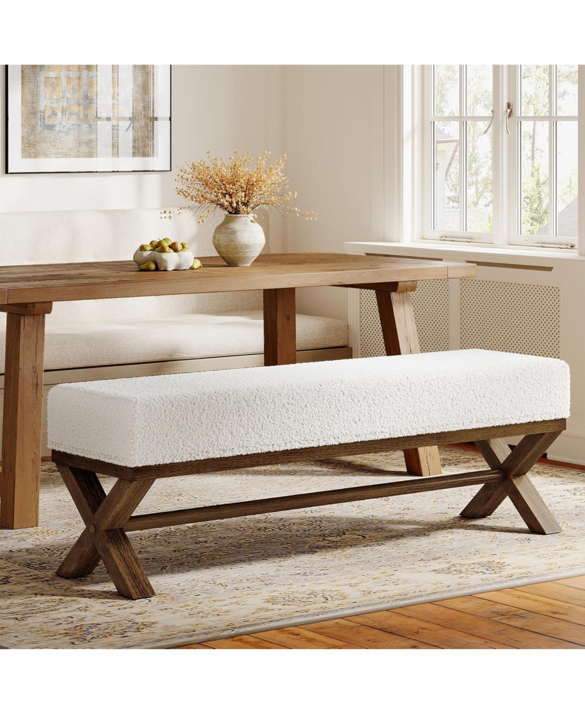 Tribesigns 51.18 inches Solid Wood Dining Bench: Modern with faux shearling seat and X-legs. Upholstered for dining room, living room.
