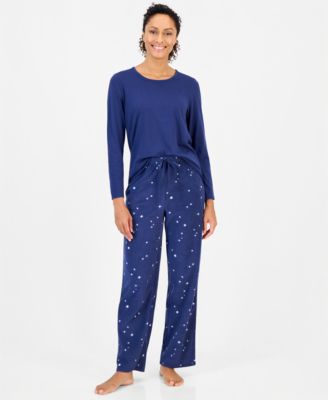 Women's Long-Sleeve Cotton-Blend Top and Fleece Pajama Pants Set