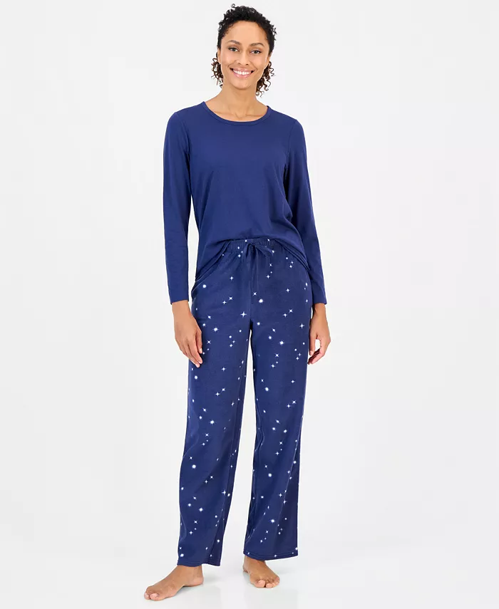 Women's Long-Sleeve Cotton-Blend Top and Fleece Pajama Pants Set