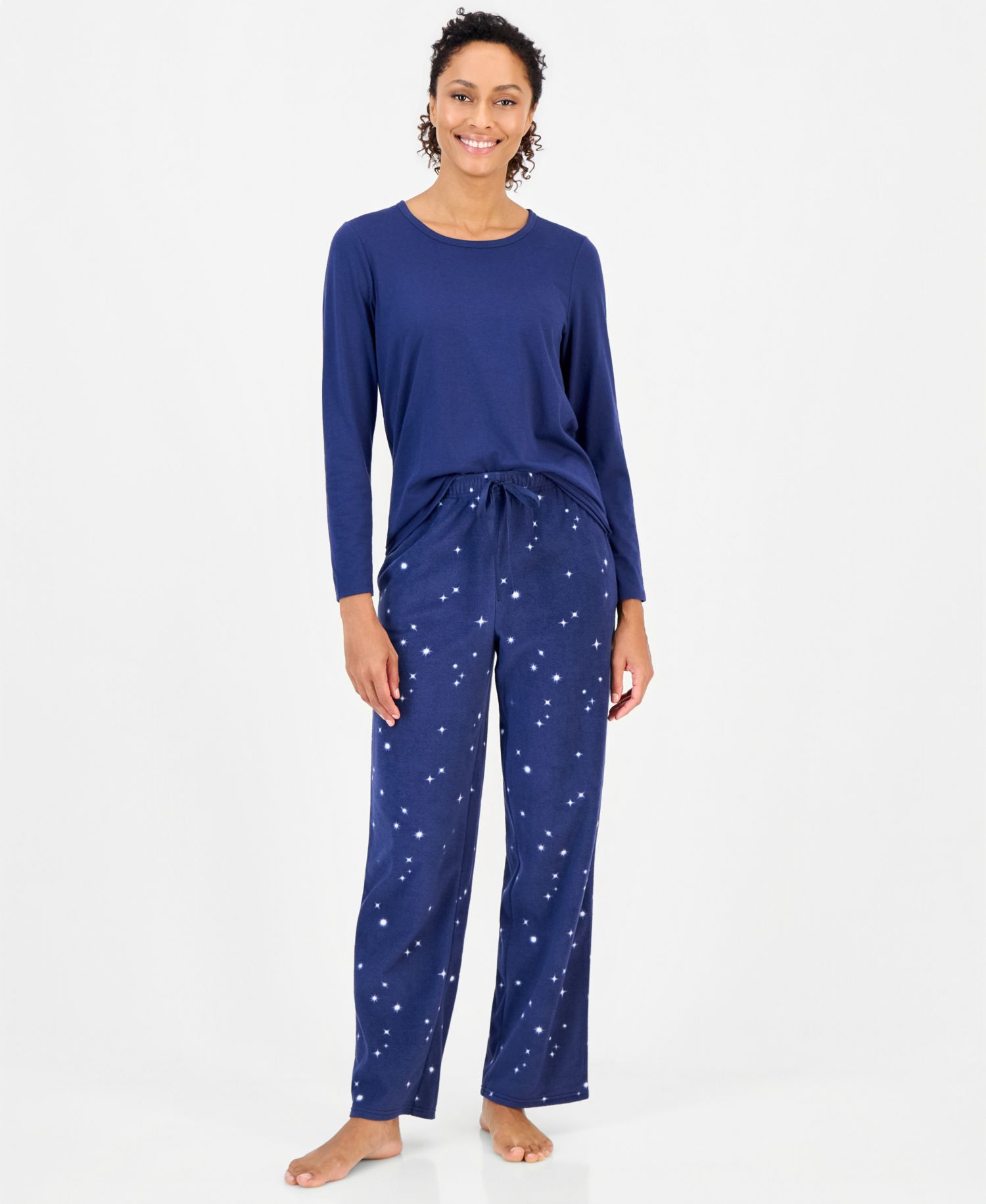 Women's Long-Sleeve Cotton-Blend Top and Fleece Pajama Pants Set