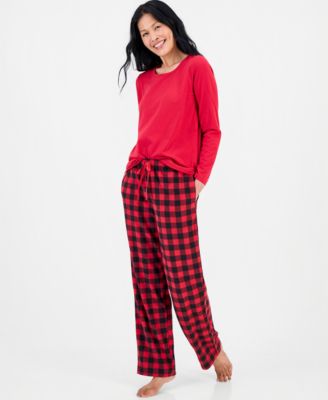Women's Long-Sleeve Cotton-Blend Top and Fleece Pajama Pants Set