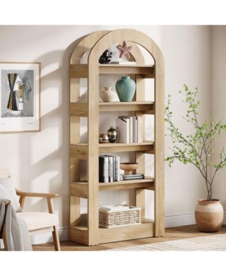 70.87" Tall Arched Bookshelf, Rustic Oak Bookcase with 5-Tier Storage, Modern Decorative Display Shelf