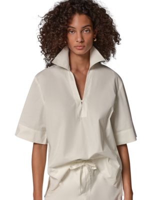 Women's Poplin Short-Sleeve V-Neck Collared Blouse