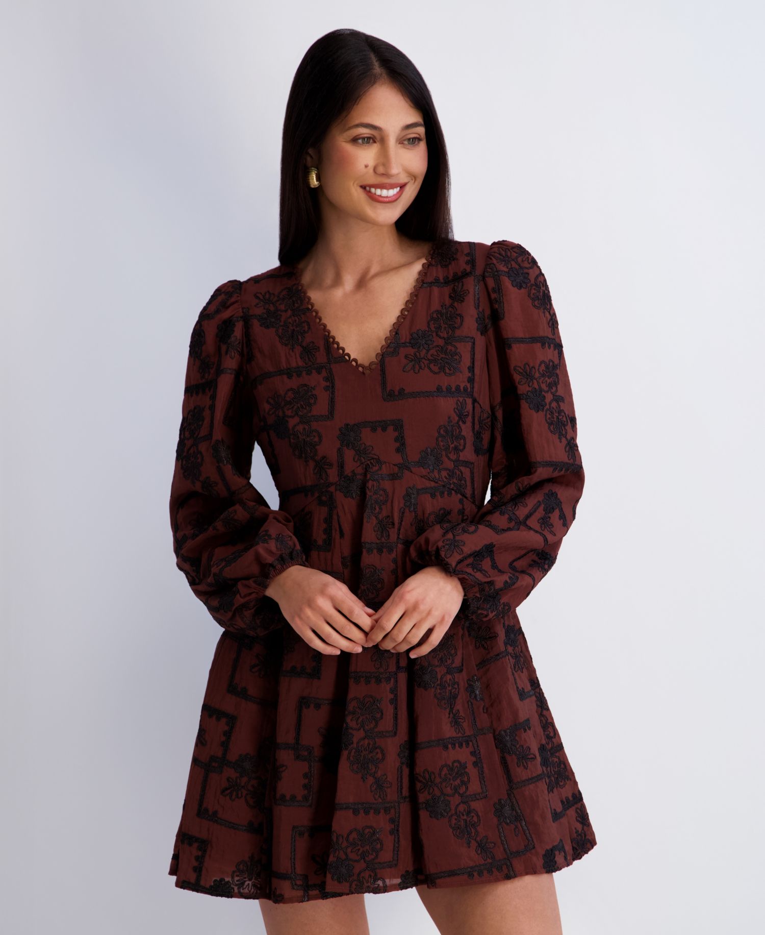 Women's Embroidered V-Neck Blouson Sleeve Mini Dress