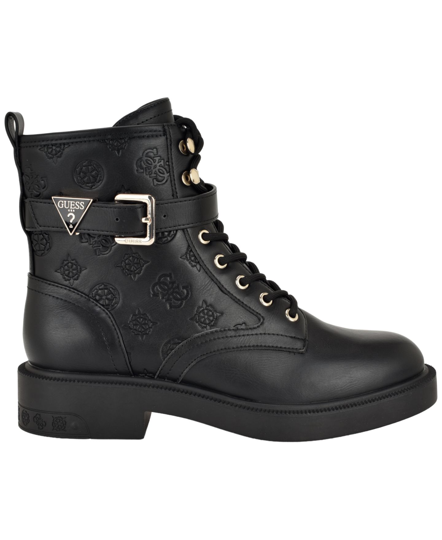 Женские ботинки GUESS Fellini Buckle Strap Lace-Up Combat Booties, цвет: Чёрный гладкий — фото 2