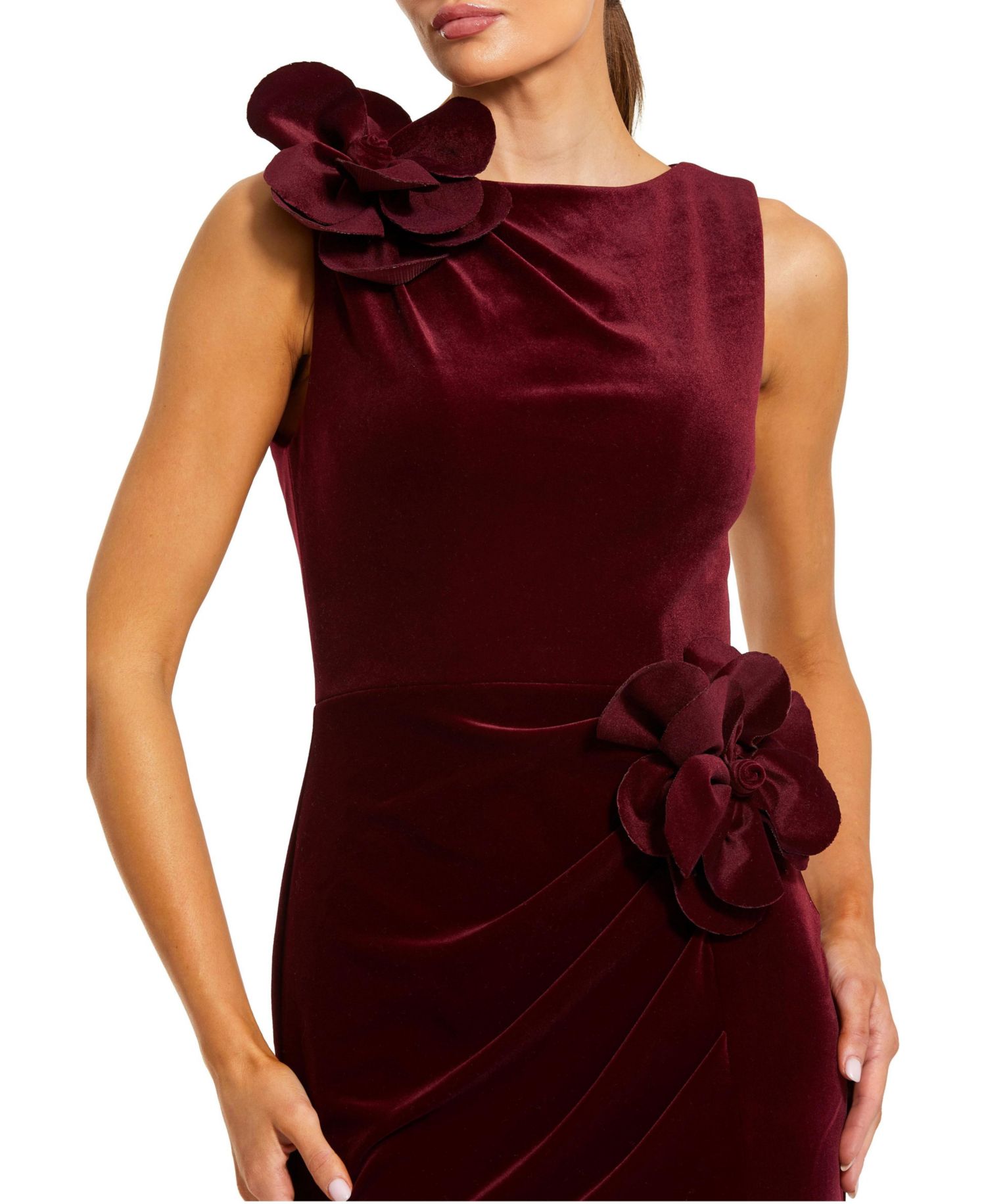Women's High Neck Velvet Column Gown with 3D Floral Accents