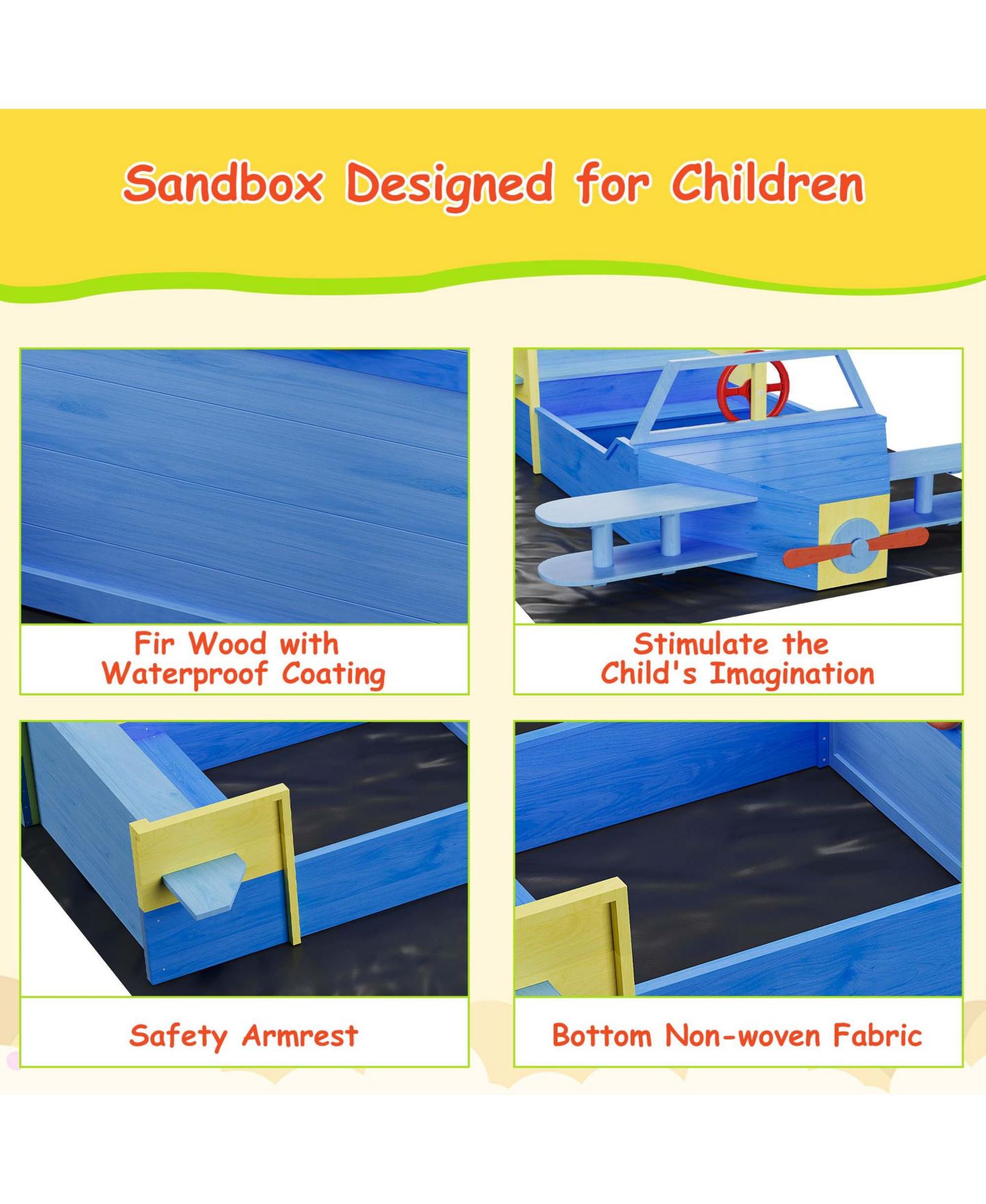 Детская игрушка homfan Airplane Themed Wooden Sand and Water Table, Fir Wood Sandbox with Adjustable Rotatable Canopy for Kids Ages 3 to 8 — фото 7
