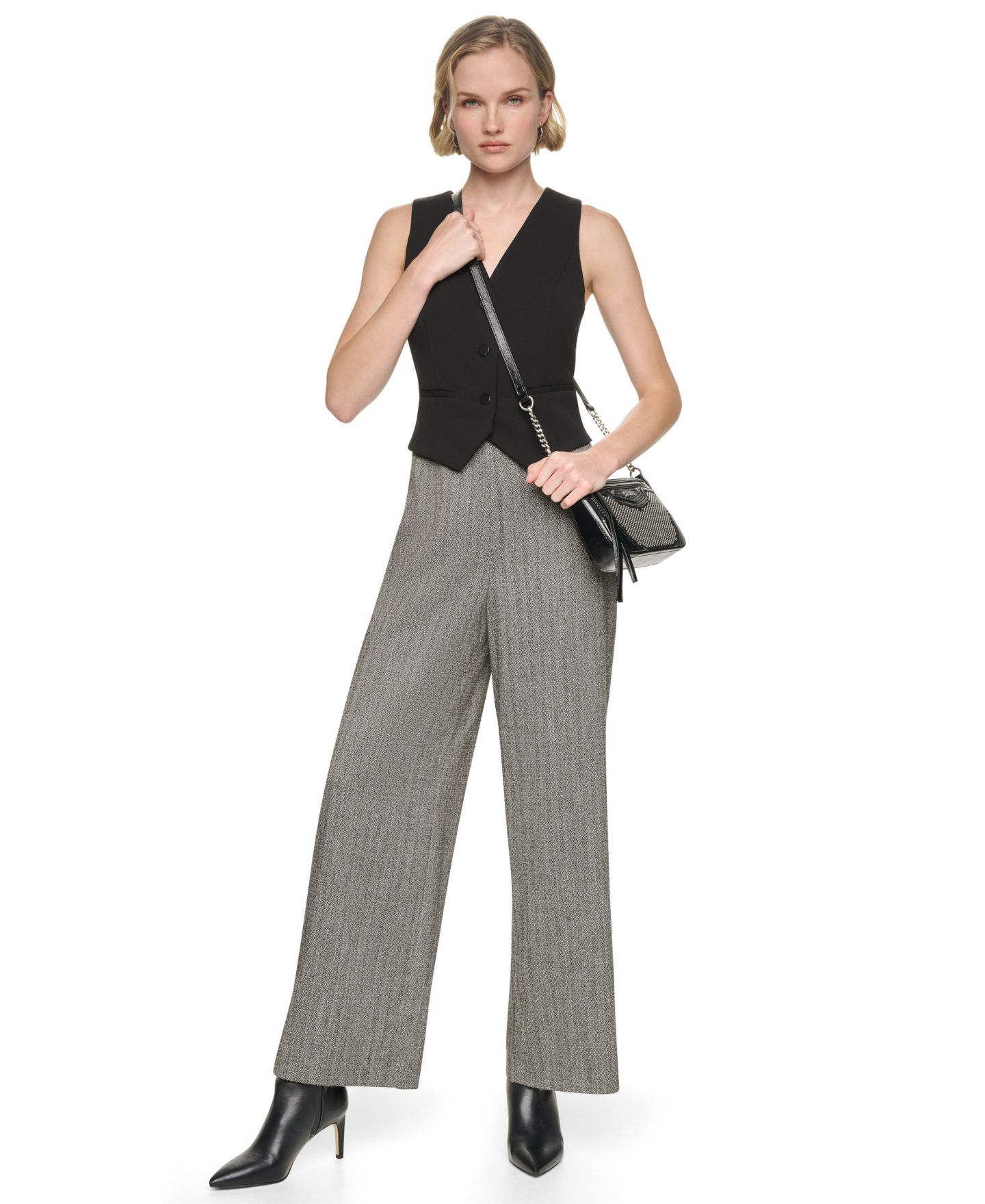 Женский комбинезон DKNY Sleeveless Wide-Leg Vest Jumpsuit, цвет: Чёрный / Слоновая кость — фото 2