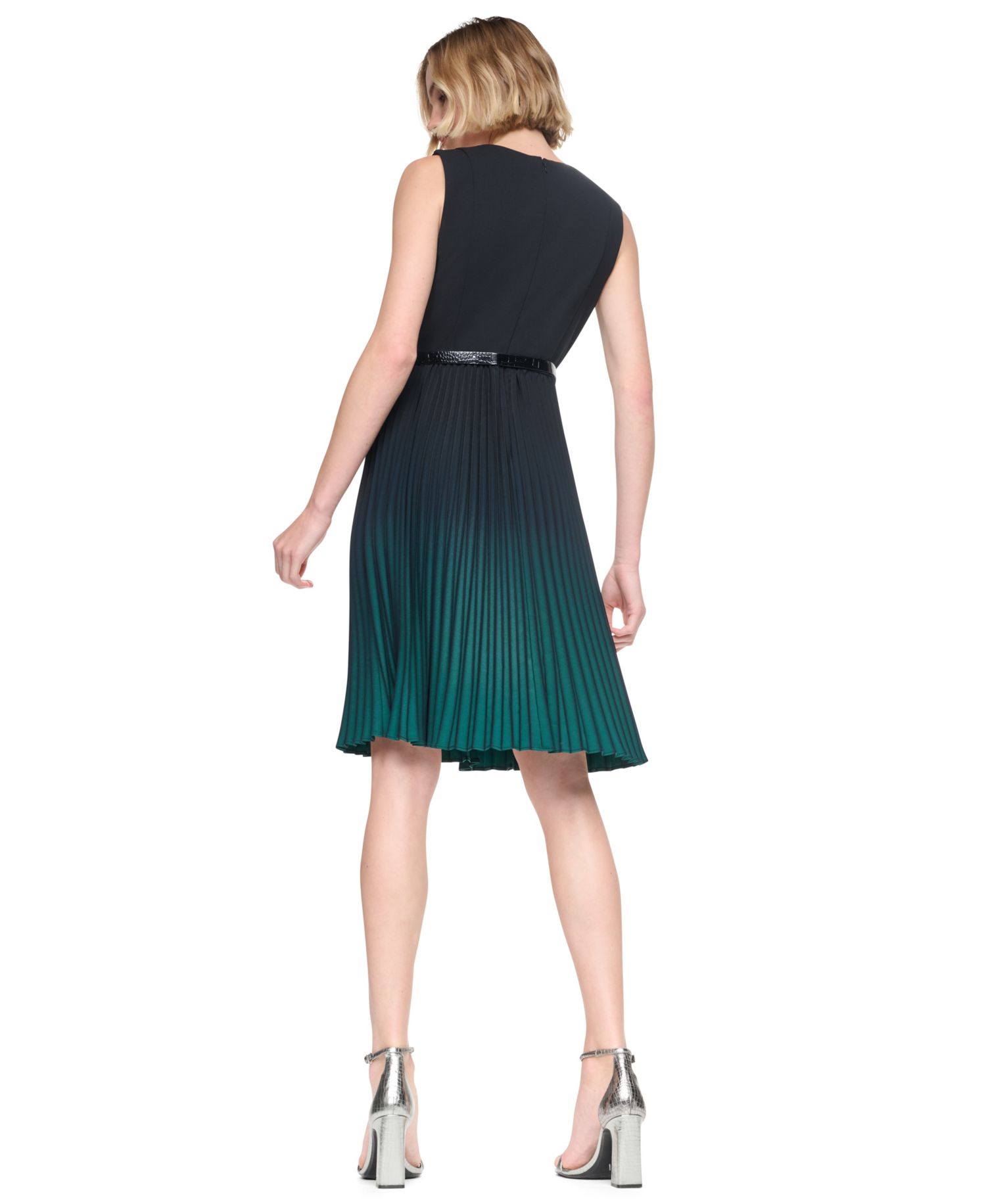 Women's Belted Ombre Pleat V-Neck Dress