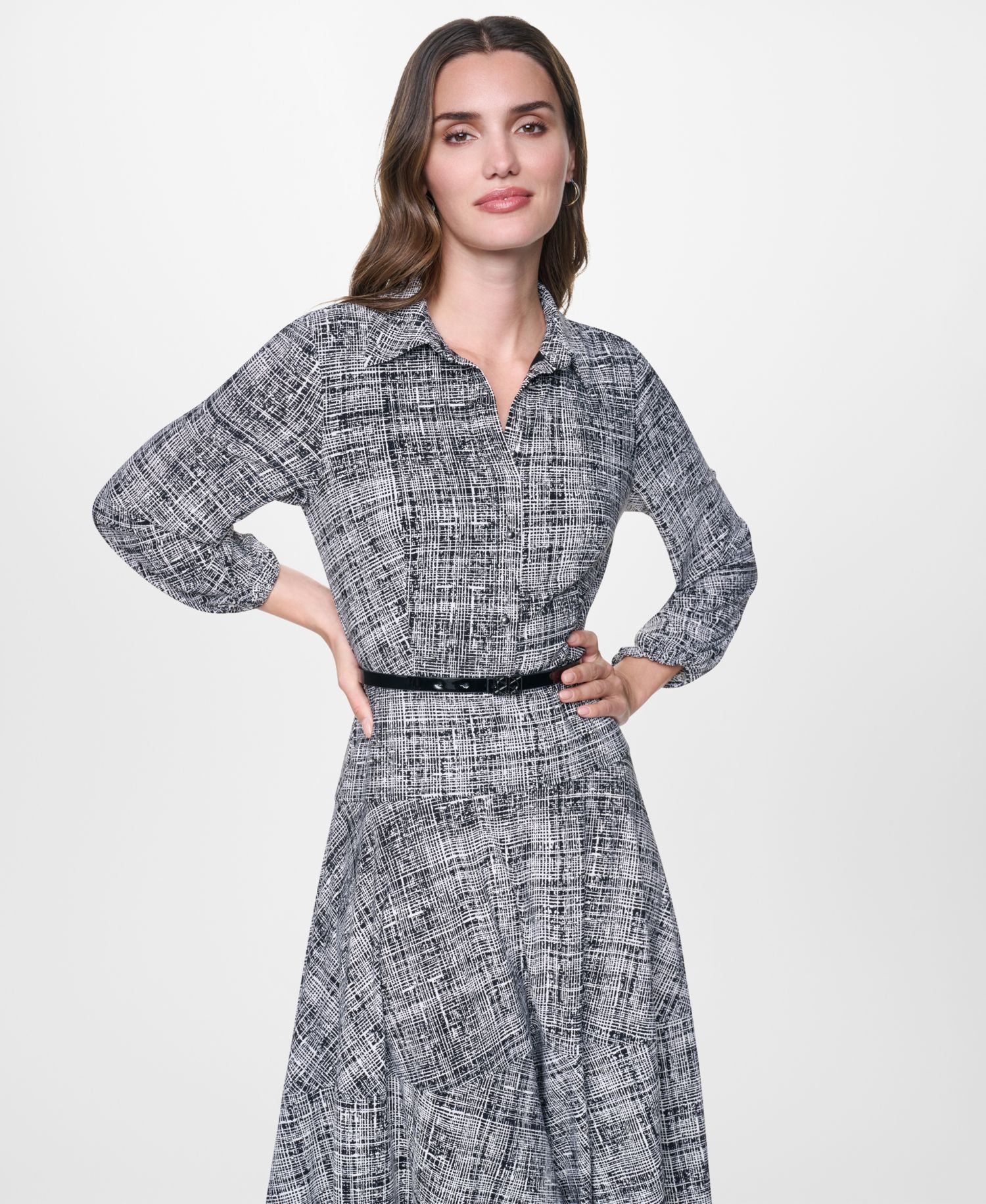 Women's Long Balloon-Sleeve High-Low-Hem Printed Shirt Dress