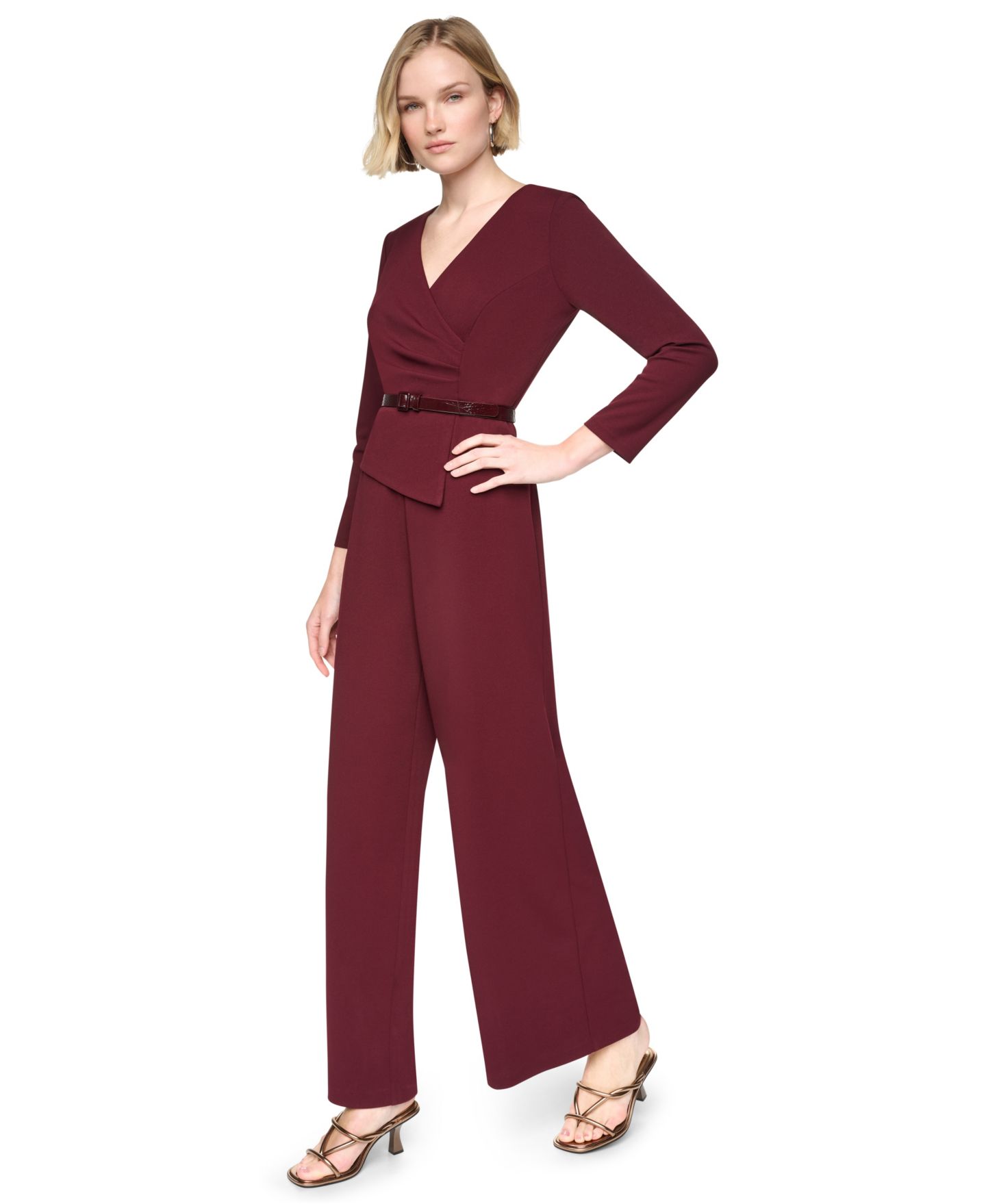Женский комбинезон DKNY Peplum V-Neck Wide-Leg Jumpsuit, цвет: Бордовый — фото 2