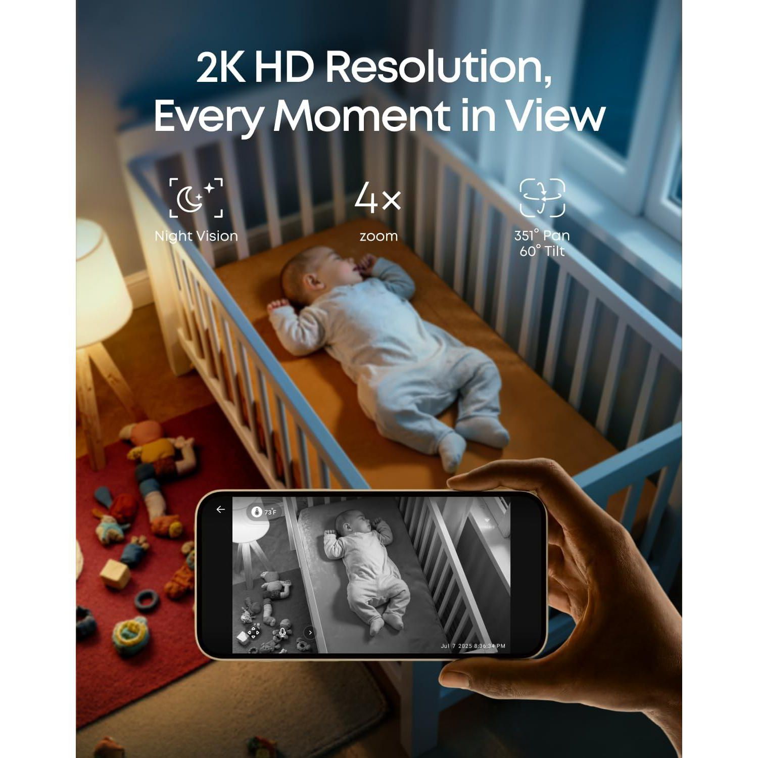 Baby Monitor C10 Add-On Camera, 2K HD Resolution, 4× Zoom, 351degree(s) Pan and 60degree(s) Tilt, Night Vision