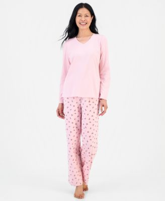 Women's Cotton-Blend Long Sleeve V-Neck Pajama Pant Set