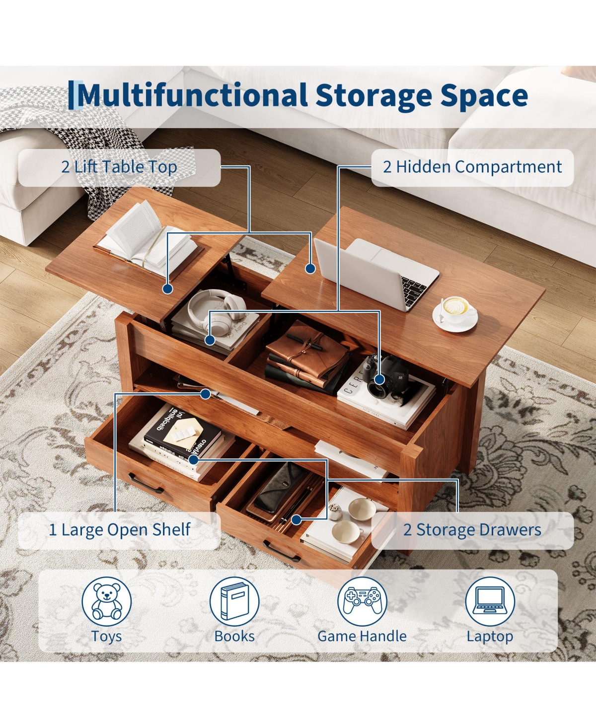 homfan Lift-Top Coffee Table with 2 Drawers, Hidden Compartment and Open Shelf, Convertible Living Room Center Table, Engineered Wood