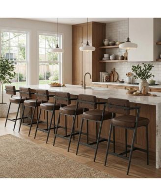 Set of 6 27" Counter Height Bar Stools with Armrests, Faux Leather Upholstery and Footrest, for Kitchen Island,Brown