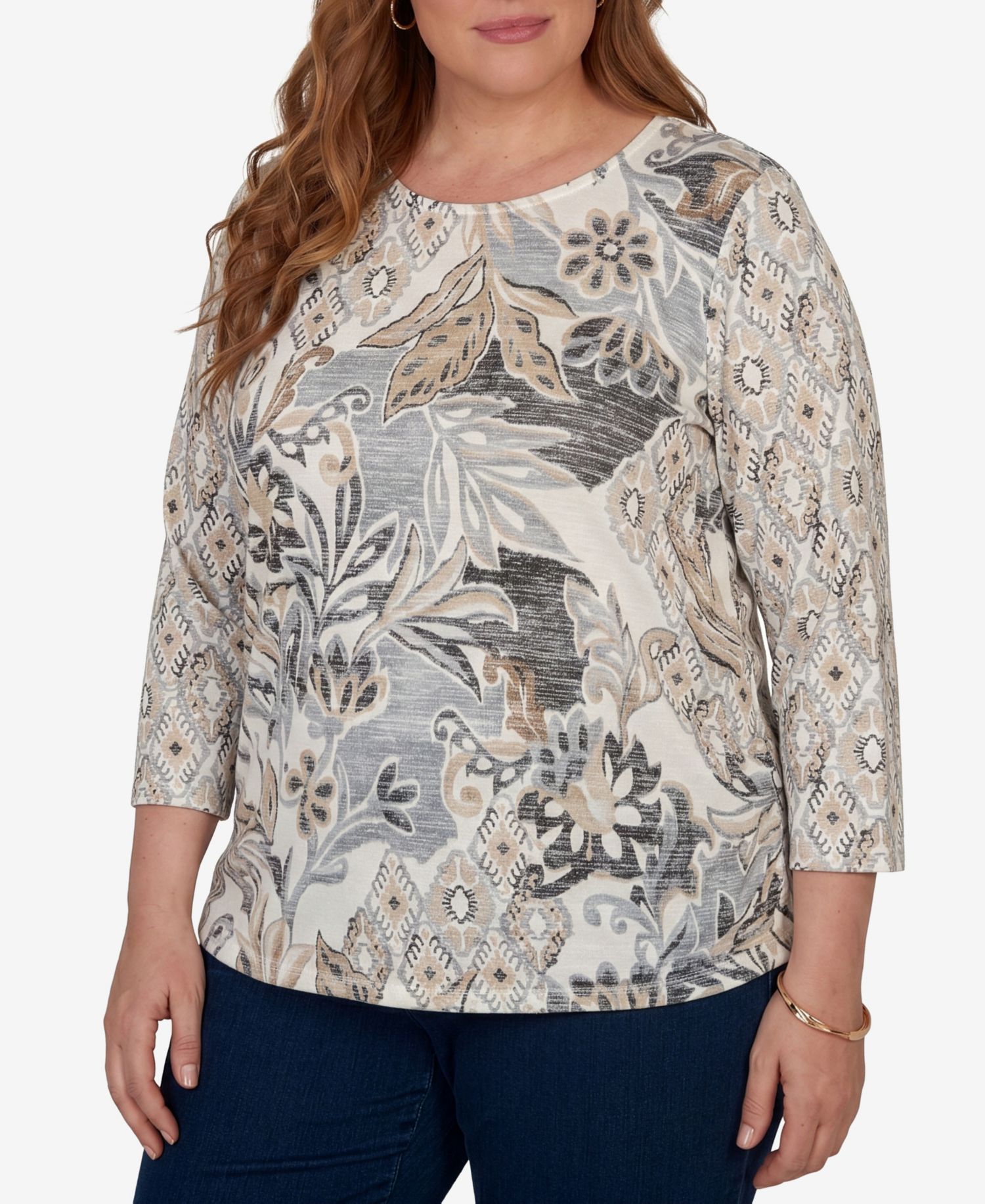 Plus Size Geo Leaf Patchwork 3/4-Sleeve Crewneck Knit Top