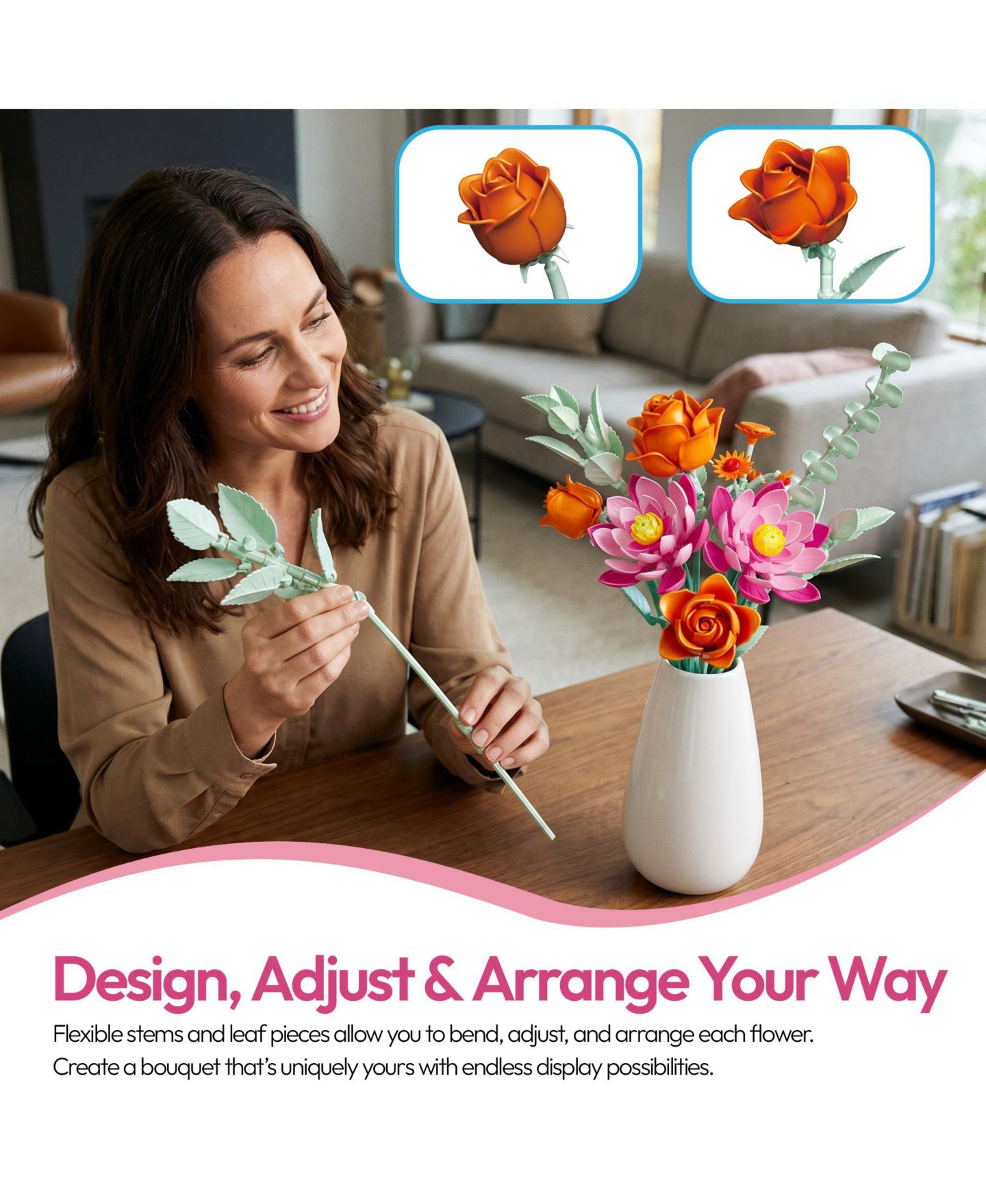 Детский конструктор Contixo BK10 Flower Bouquet Building Set, 360-Piece Orange Rose & Pink Lotus Floral Brick Kit with Adjustable Stems, Creative Home Décor Gift, Ages 8+, цвет: Розовый / Оранжевый — фото 8