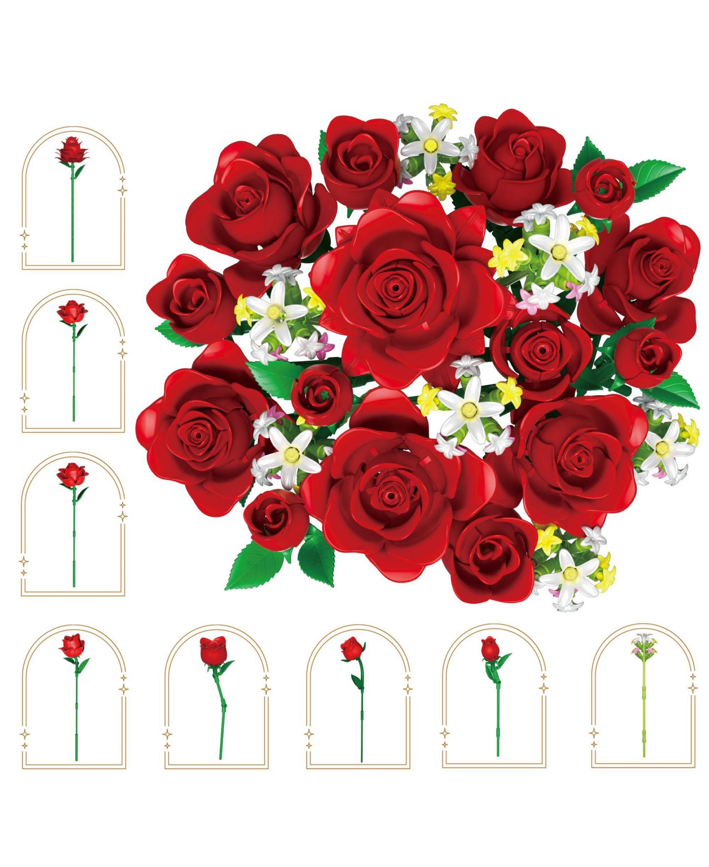 Детский конструктор Contixo BK09 Rose Bouquet Building Set, 789-Piece Red Rose Floral Brick Kit with Adjustable Stems, Romantic Home Décor Gift for Kids & Adults Ages 8+, цвет: Красный — фото 2
